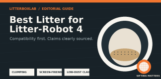 Editorial illustration showing clumping, screen-friendly litter criteria for a Litter-Robot 4.