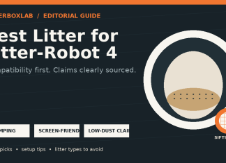 Editorial illustration showing clumping, screen-friendly litter criteria for a Litter-Robot 4.