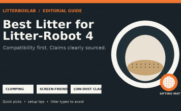 Editorial illustration showing clumping, screen-friendly litter criteria for a Litter-Robot 4.
