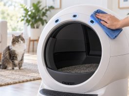 Hand cleaning the sensor area on a Litter-Robot 4
