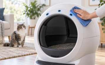 Hand cleaning the sensor area on a Litter-Robot 4